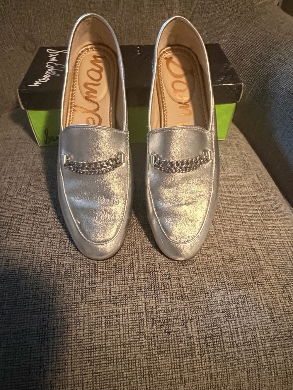 Sam Edelman Metallic Silver Chain-Trim Loafers